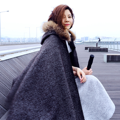 [秋冬来袭] vessi原创设计棕色人字呢毛领带帽披肩斗篷外套