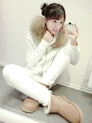 通勤 韩国代购2015冬新品套装大毛毛领子加厚加绒卫衣套装白色套装女