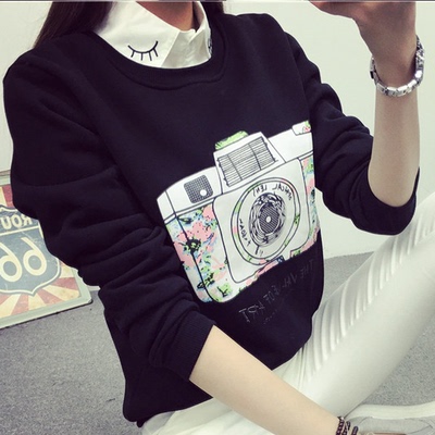 [卖家促销] 特价女装清仓大促厂家直销相机印花纯棉抓绒保暖t恤学生