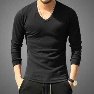 秋冬新款纯棉弹力抓绒净色男士v领长袖t恤保暖打底v领t恤t1075