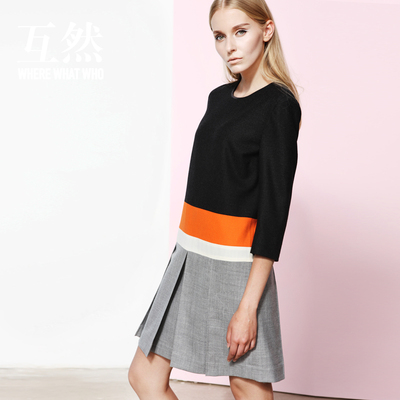 [秋装换新] wherewhatwho互然 秋冬季新品女装 拼色羊毛混纺七分袖百