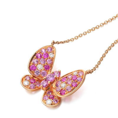 84550n 香港代购周生生18k玫瑰金粉红色蓝宝石蝴蝶钻石吊坠套链