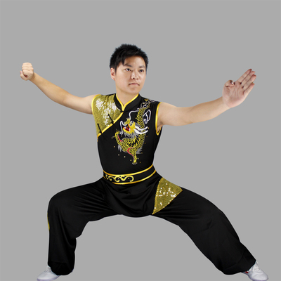 一一 一一武术服装无袖南拳坎肩表演服男女练功服刺绣龙儿童比赛服彩