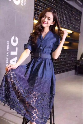 【有大码】海伦公主helencsc修身连衣裙2016春款拼接蕾丝赠送腰带