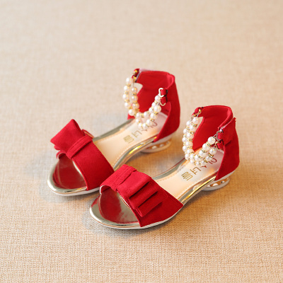 夏季女童凉鞋小女孩鱼嘴珍珠中大童蝴蝶结儿童高跟公主鞋韩版学生