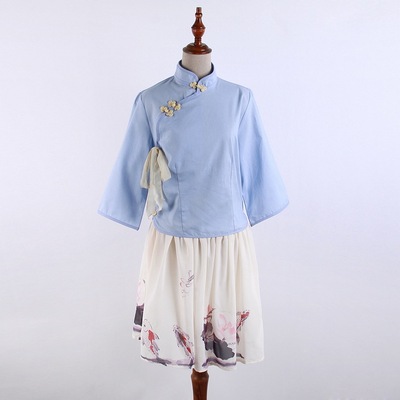 30年代学生装复古中国风立领七分袖上衣 鲤鱼印花半身裙 套装