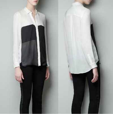 2015春季新款欧美黑白拼色衬衫 简约雪纺拼接衬衣 女 长袖衬衫