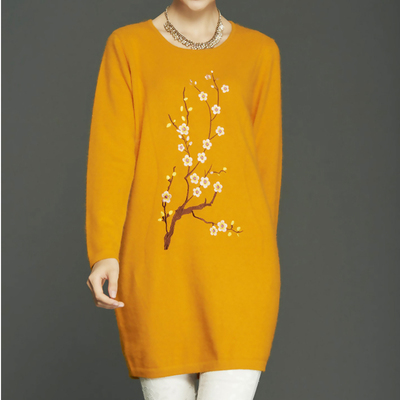 秋冬新款女衫貂绒梅花图案打底针织衫毛衣中长款圆领长袖百搭衫女