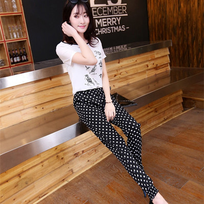 2015夏新款小鸟波点连体裤欧美休闲雪纺松紧腰短袖连衣裤女哈伦裤