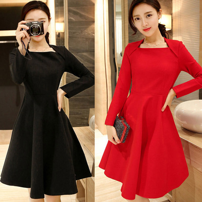 [元旦促销] 连衣裙秋冬款2015新款韩版中长款长袖大码修身高腰a字裙
