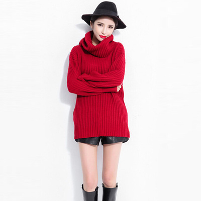 [爱陈媛媛] 新年款女装上衣简约百搭粗棒针织高领宽松毛衣裙中长款红