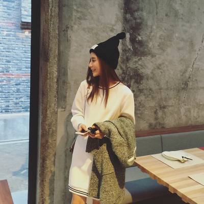 果果家 2015秋冬新品中长款纯色长袖侧开叉卫衣连衣裙 女o21.18