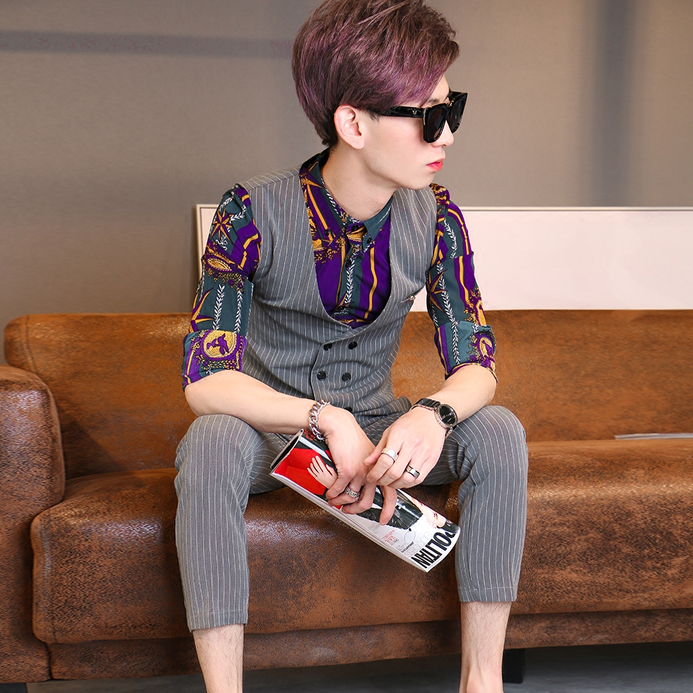 男士英伦风修身潮男个性西装马甲夜店韩版发型师小马夹九分裤套装