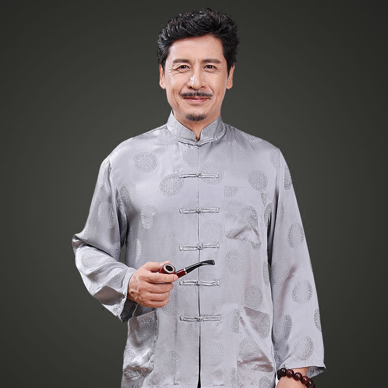 柒骆真丝男装长袖中老年爸爸装上衣100%桑蚕丝唐装老人绸缎太极服