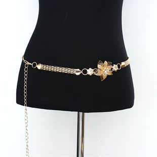 腰链女韩版百搭加长金属链条花朵水钻女士腰链装饰裙链细