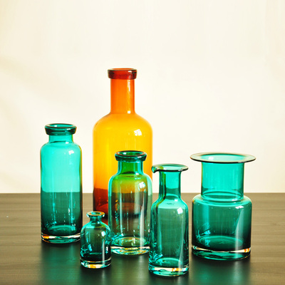 3件包邮 彩色玻璃花瓶花器 玻璃饰品器皿 蓝绿玻璃瓶gc004