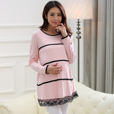 孕妇秋装韩版纯色雪纺条蕾丝下摆长袖中长款上衣孕妇连衣裙