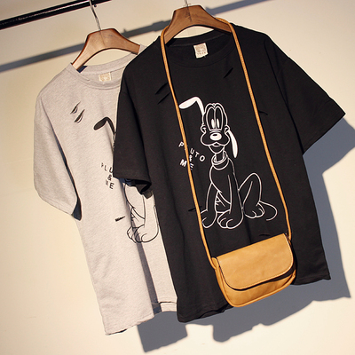 2015韩版女 潮款欧美复古高飞狗短袖圆领割破宽松t恤打底t恤9059