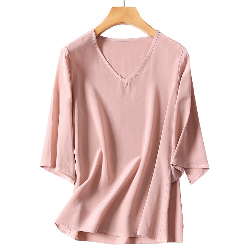 真丝上衣女2017新款韩版宽松大码桑蚕丝t恤荷叶袖v领上衣女装夏潮