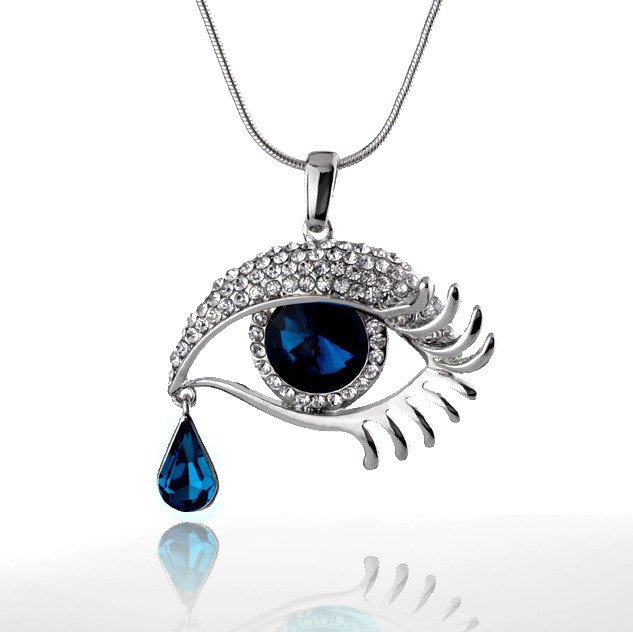 欧美新款蓝宝石镶钻大眼睛合金项链流行饰品韩国夸张长款毛衣链女