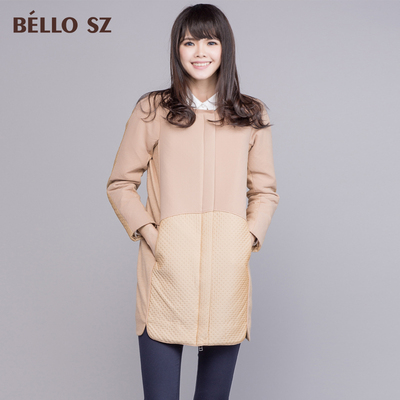 bello sz贝洛安2015秋冬新款撞色拼接无领棉衣外套中长款女 冬装