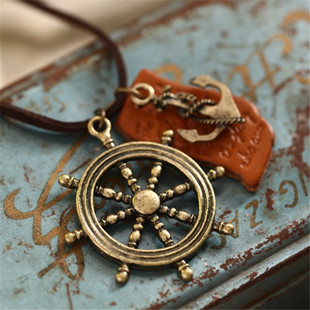 复古饰品批发毛衣链 长款 韩版海军风船锚船舵字母皮革 项链 市场价