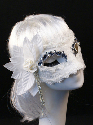 侧花叶子白色面具美女舞会化妆舞台舞蹈派对假面万圣节半脸水钻