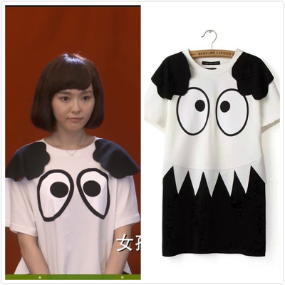 何以笙箫默唐嫣赵默笙同款卡通黑白拼接披肩耳短袖连衣裙衣服夏装