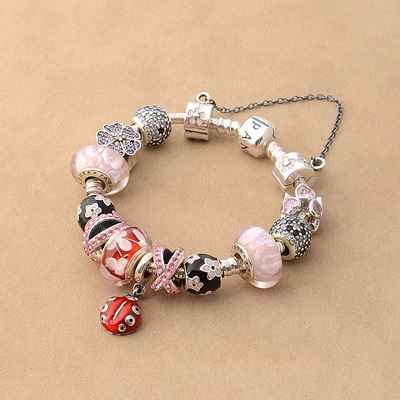 香港正生代购 s925纯银小潘潘手链粉色琉璃珠瓢虫女潮流饰品