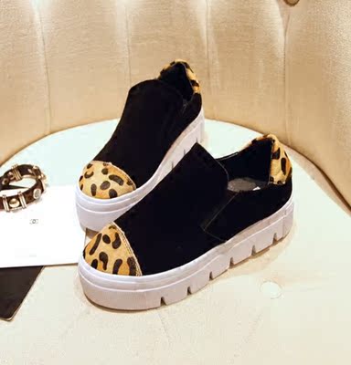 超级舒服 加厚鞋底真皮豹纹马毛拼接松糕厚底休闲单鞋 真皮