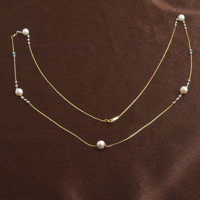 [活动特惠] 女款天然蓝宝石珍珠项链925纯银手工十字链送国检天然宝石