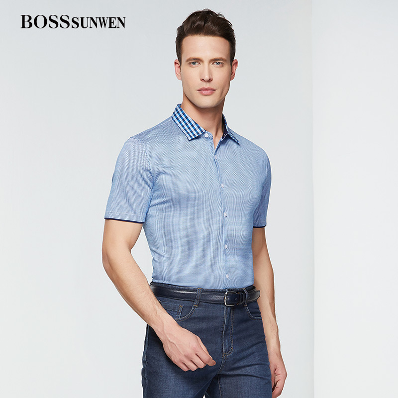 bosssunwen男士短袖衬衫夏季短袖男青年舒适潮流休闲衬衫短袖上衣
