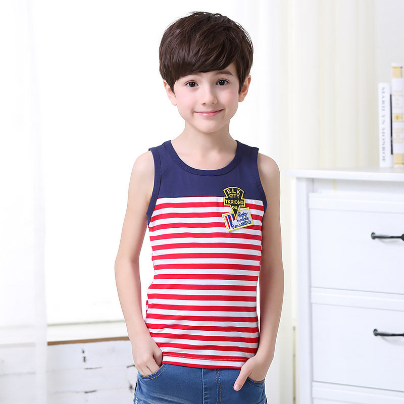 淘可熊男童背心儿童夏装潮棉无袖t恤条纹童装圆领中大童背心新款