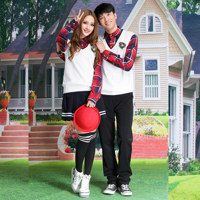 【图】韩版 日韩少男女学生情侣春秋冬装学院风校服套装假两件套毛衣