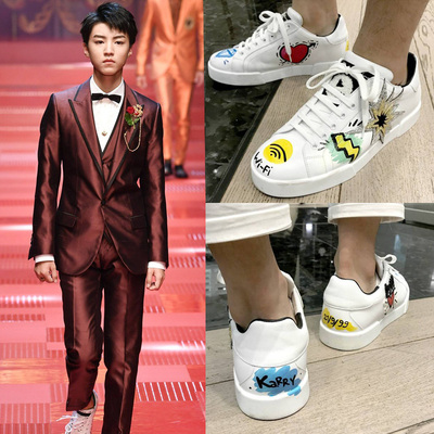 米兰时装周tfboys王俊凯同款小白鞋真皮平底wifi涂鸦蓝色钻石板鞋