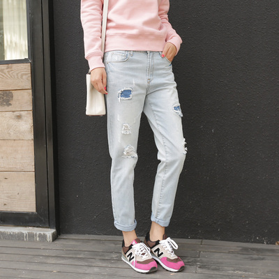 维妮家 2015春装新品女装 补丁破洞 时髦款 柔软休闲牛仔裤女百搭