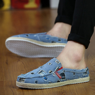 夏季牛仔破布鞋半拖鞋潮鞋一脚蹬懒人套脚鞋透气帆布男鞋子板鞋男