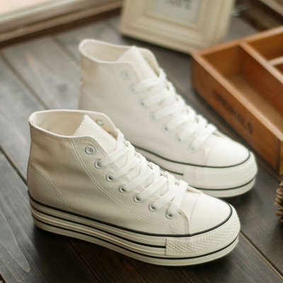 内增高帆布鞋女鞋子韩版潮学生球鞋厚底高帮板鞋黑白色休闲松糕鞋