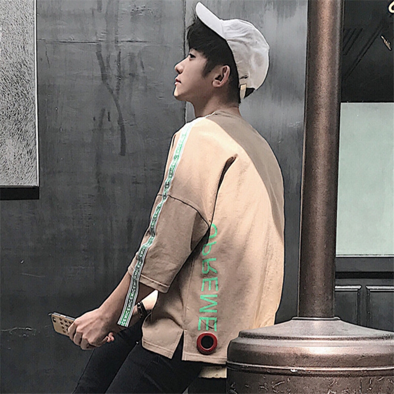 韩版男短袖t恤原宿bf风韩国潮流7分袖宽松个性中袖学生七分袖上衣