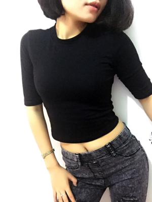 [限时抢购] 黑色短款紧身t恤女露脐中袖纯棉高腰性感露肚脐上衣小高领