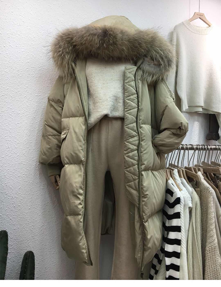 rainbow2017冬季新款韩国大毛领连帽加厚保暖羽绒服中长款外套女