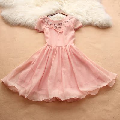 崇桉女装粉色手工绣花花朵中长款到膝盖连衣裙公主裙大摆蓬蓬裙