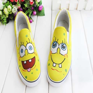 热卖海绵宝宝懒人鞋手绘鞋 涂鸦帆布鞋女鞋 韩版潮男休闲鞋子低帮