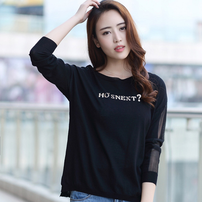 字母开叉针织衫罩衫韩版女士前短后长薄打底衫潮上衣网纱拼接长袖