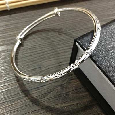 七度银匠世家正品 手镯 999千足银满天星 圆棍车花银镯子 7度银饰