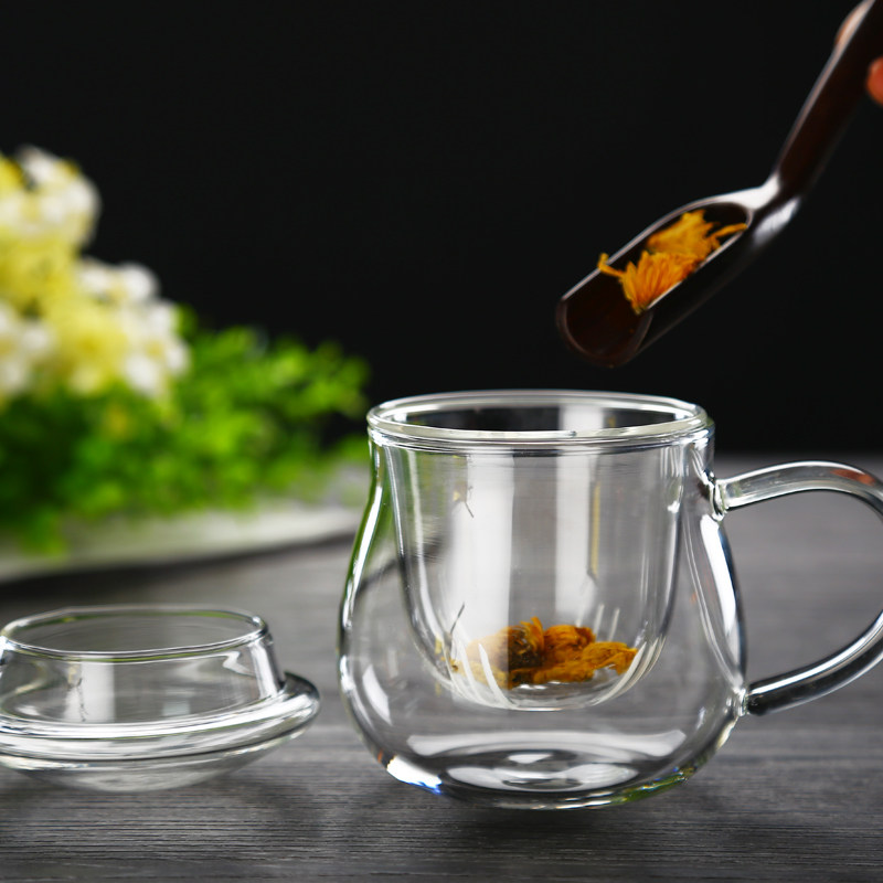 胖胖杯带盖玻璃茶杯透明耐热水杯女泡茶杯加厚过滤玻璃杯茶具杯子