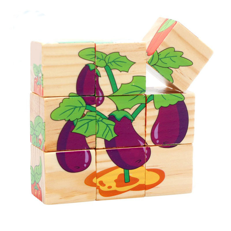 木质9粒正方体拼图六面画图案儿童益智桌面拼装玩具幼儿3-4-5-6岁