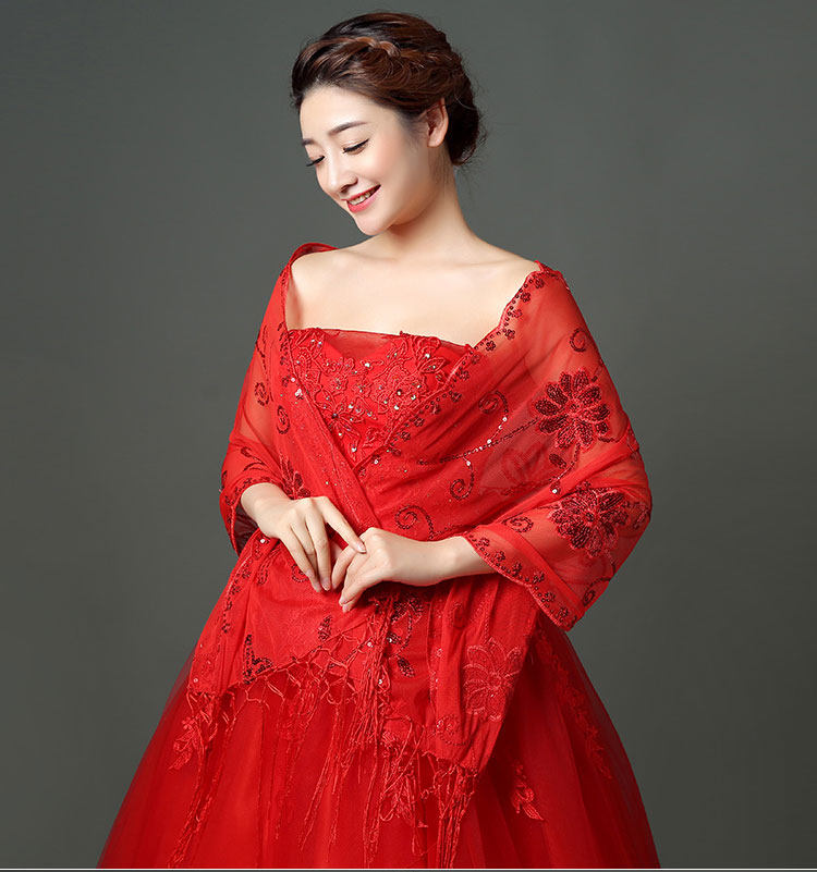 新娘披肩夏季薄红色蕾丝结婚纱礼服敬酒服大码斗篷一字肩外套防晒