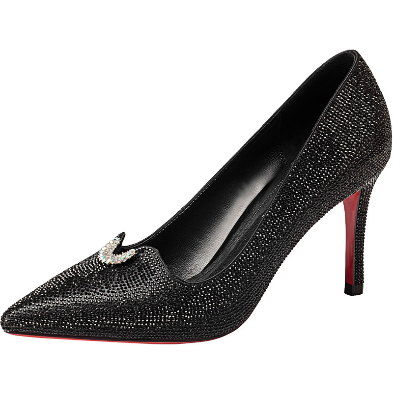 豪雅森奴黑色宴会鞋女2017新款水钻性感尖头高跟鞋浅口细跟单鞋女
