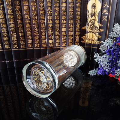 大悲咒心经文双层水晶玻璃水杯六字大明咒金字带盖旅行茶水杯佛教